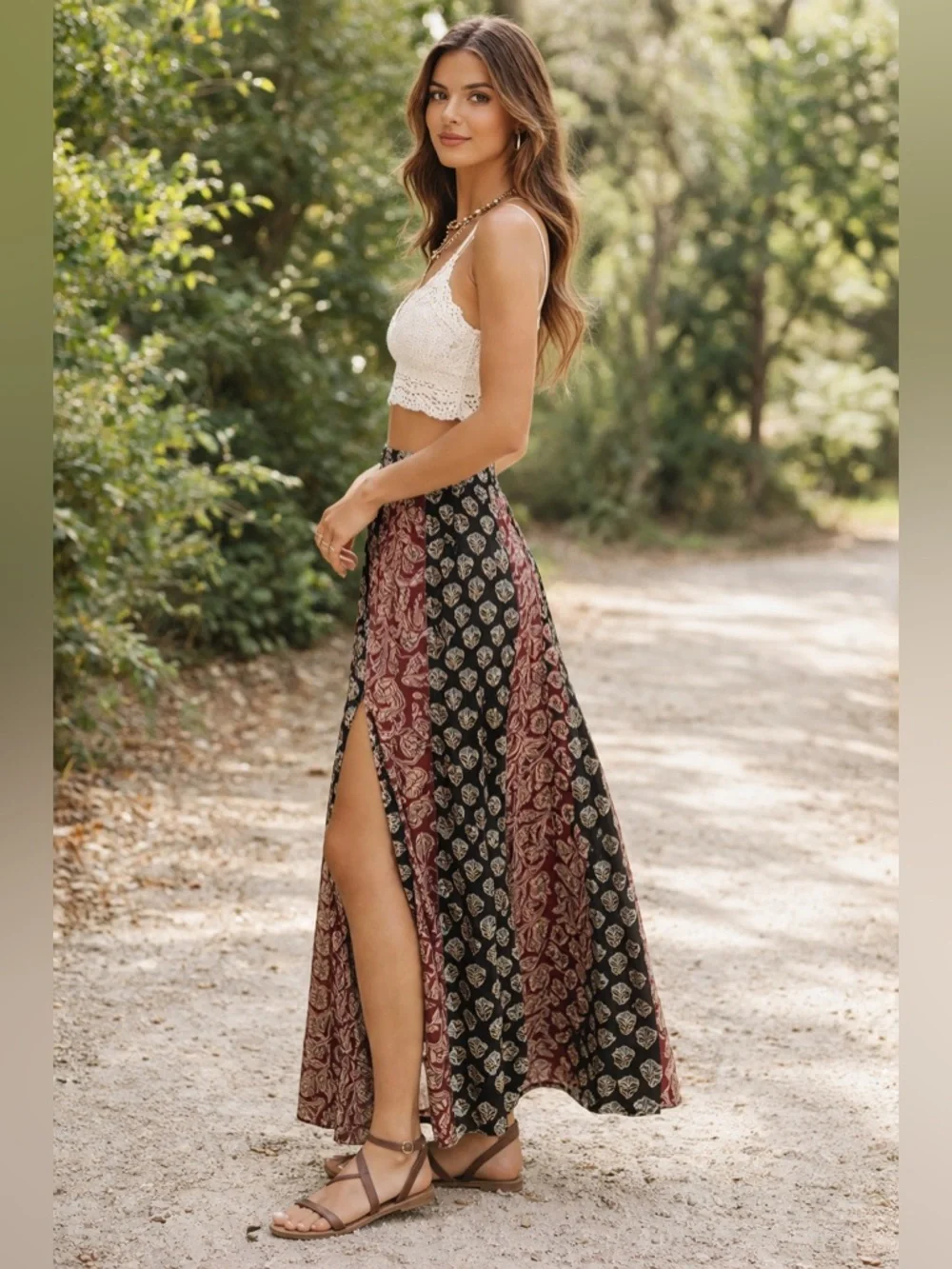 NATURAL LIFE Boho Flowy Maxi Skirt | Side Slit | Mixed Print Panel - Picture 2 of 8
